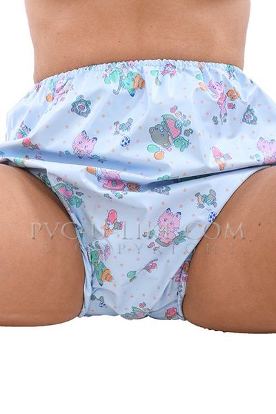 Vaaleansiniset muovihousut printill&auml; (PA01/BLM3)